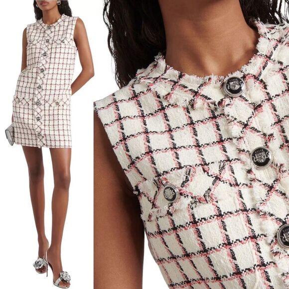 NEW Veronica Beard Laurel Tweed Check Shift Dress Red White Women Size 10 - Picture 1 of 7